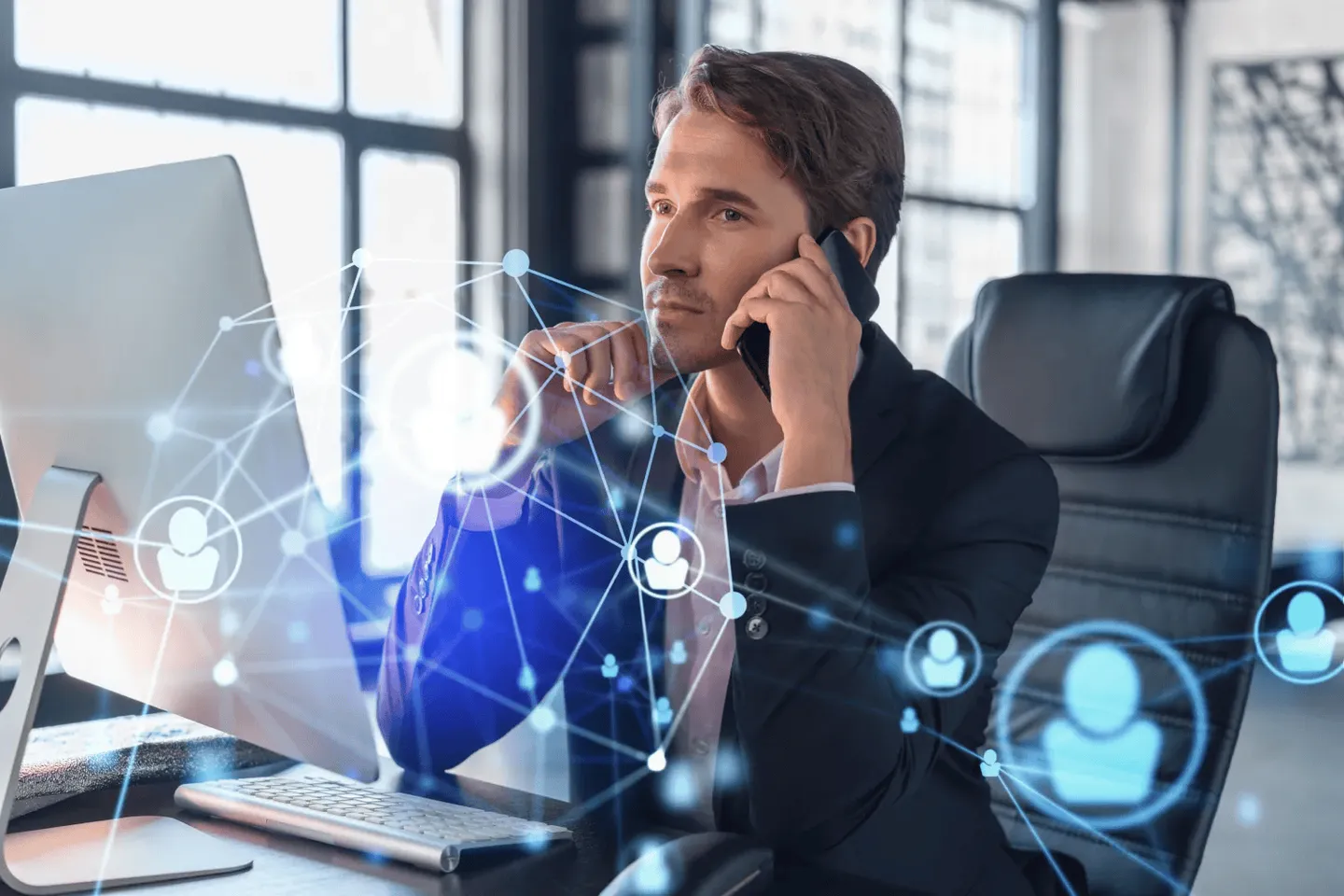 Illustration of a businessperson using a phone with digital connection icons