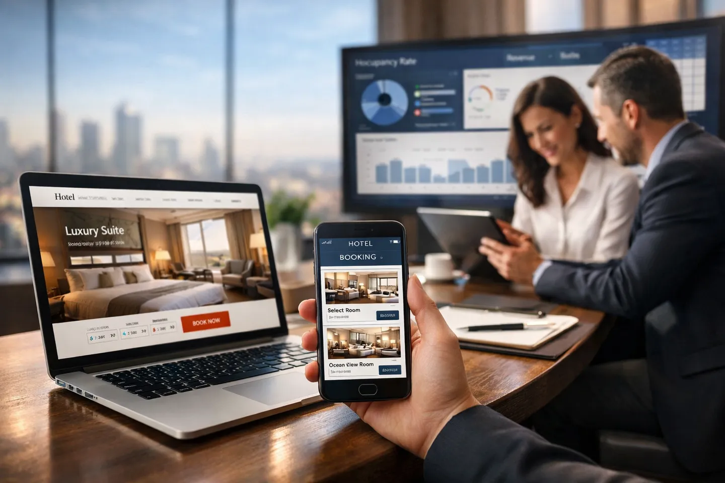 Illustration of a hotel booking website on a laptop and phone, with staff reviewing a dashboard