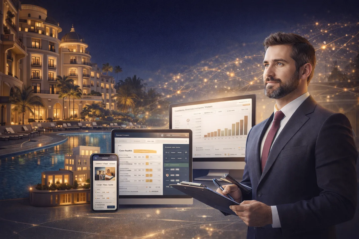 Illustration of a hotel manager beside reservation screens and a waterfront hotel