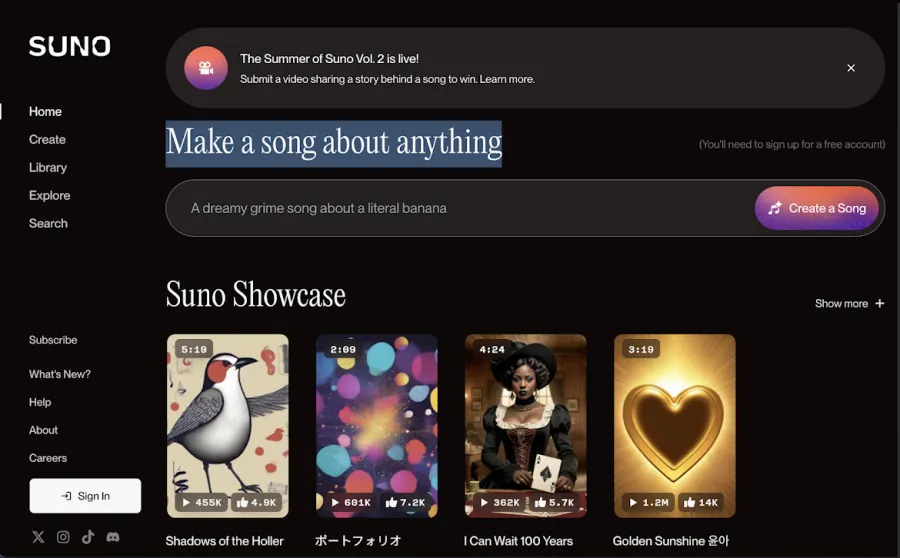 Suno interface with a music prompt and sample tracks