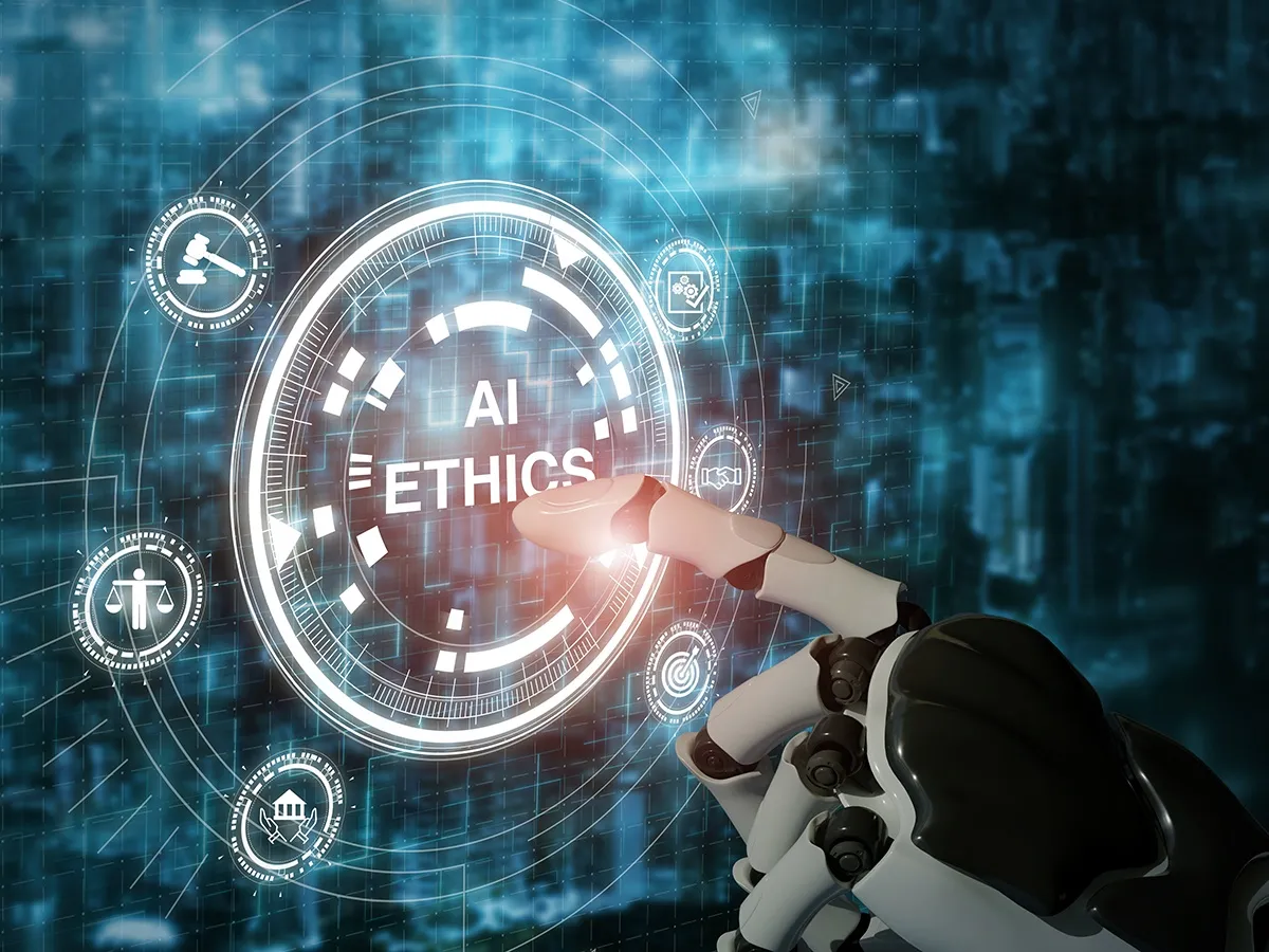Illustration of AI ethics represented by a circular digital interface