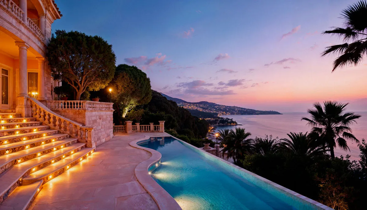 Illustration of a coastal hotel's infinity pool at sunset