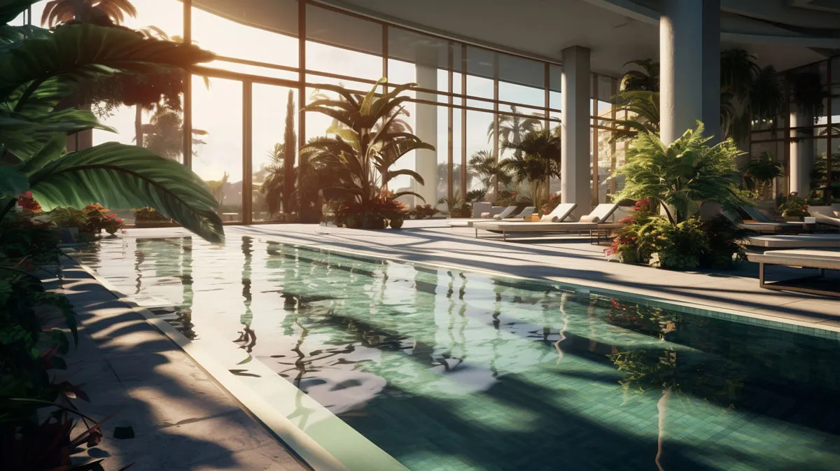Illustration of an indoor hotel pool beside tropical planting