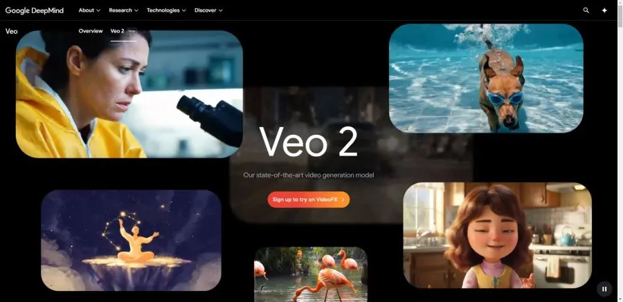 Veo 2 branding with example video stills