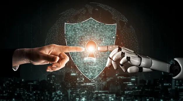 A human hand and a robotic hand beside a security shield
