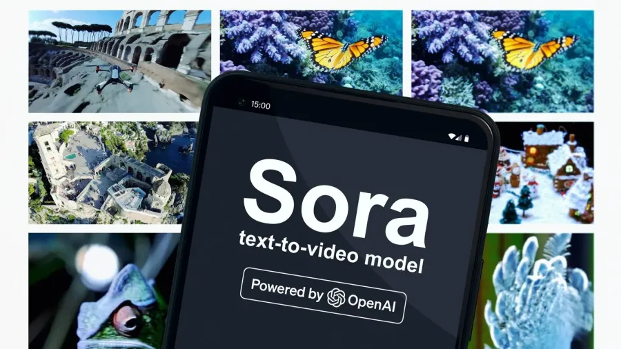 Sora text-to-video branding displayed on a phone