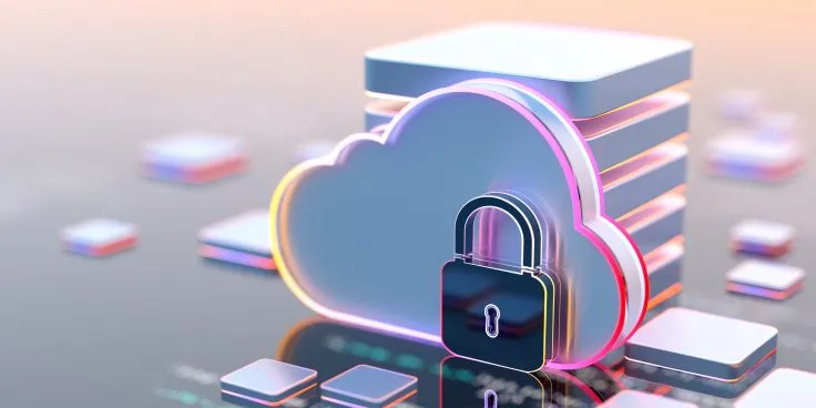 Illustration of a padlock in front of cloud storage