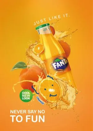 Fanta advertising poster with an orange drink and fruit
