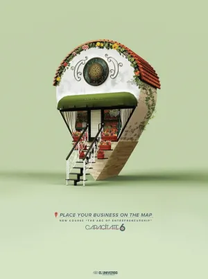 Surreal advertising image with a mechanical eye-like creature