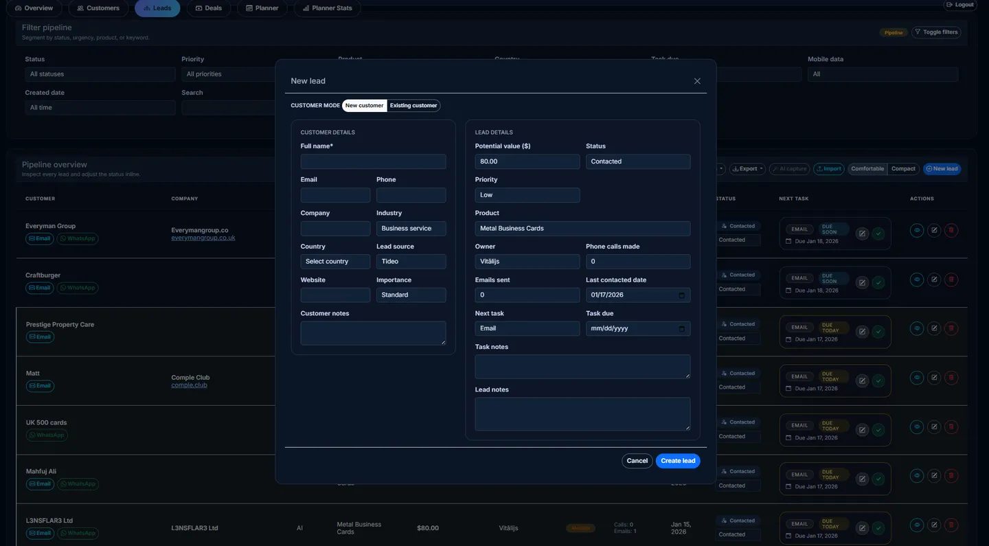FDS CRM detailed customer record and activity panel