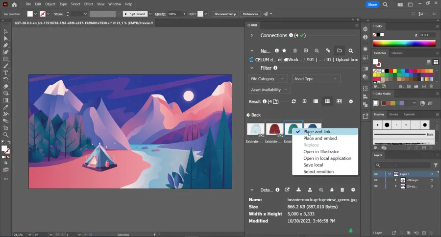 Adobe Illustrator interface with a colourful landscape illustration