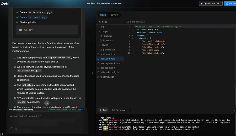Bolt.new interface showing a prompt and generated code