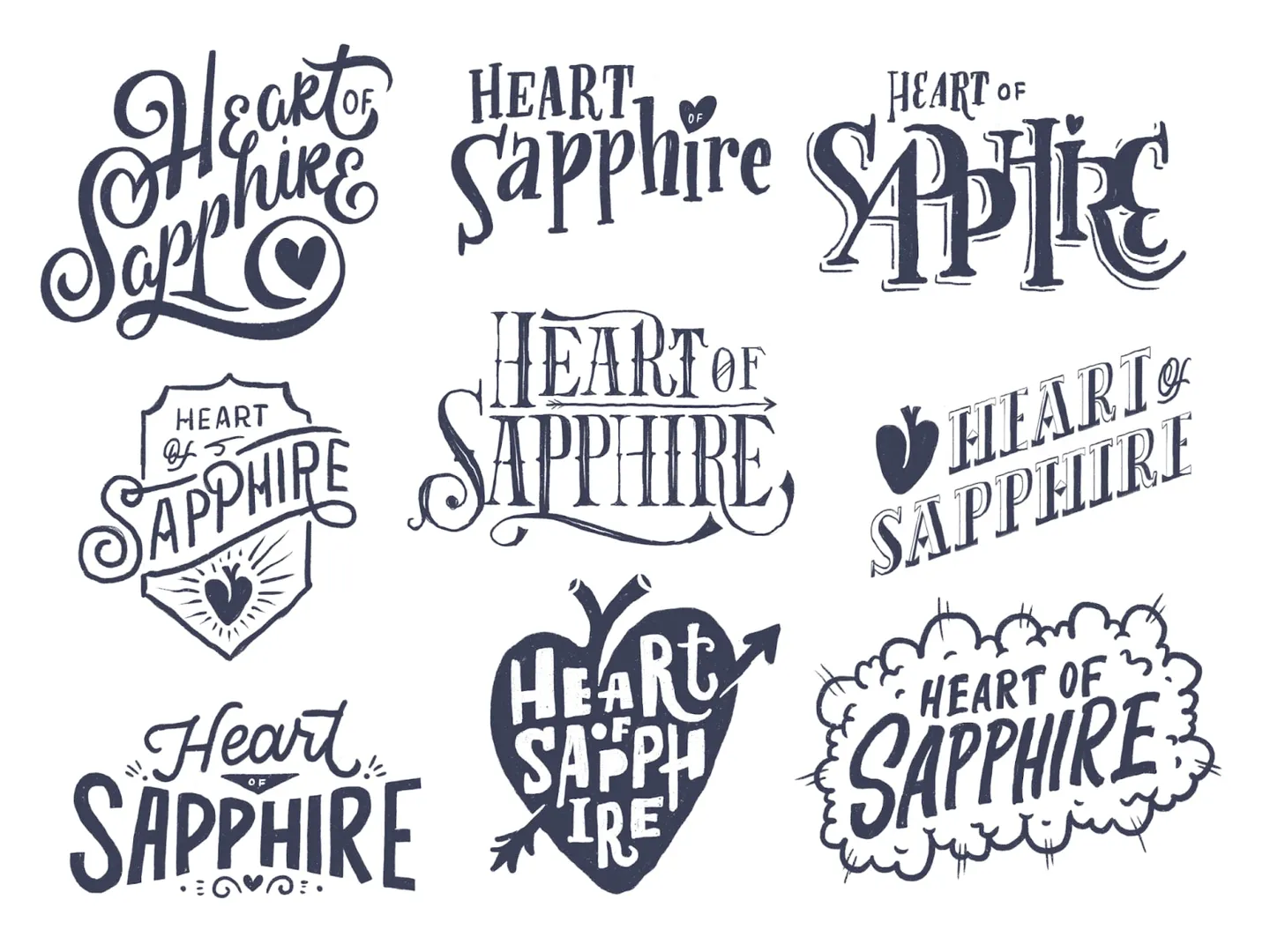 Heart Sapphire lettering explored in several typographic styles
