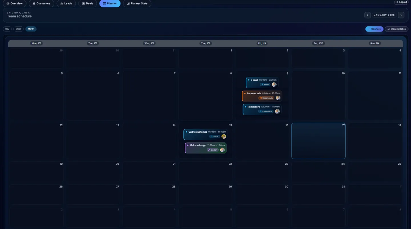 FDS CRM monthly planner with scheduled emails, calls and design tasks