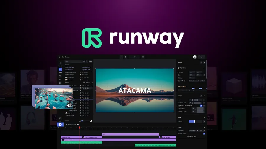 Runway branding over a video-editing interface