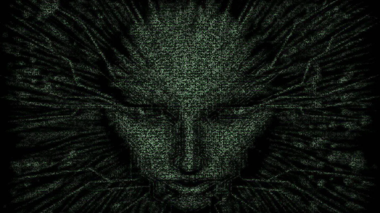 A face emerging from a dark field of digital characters