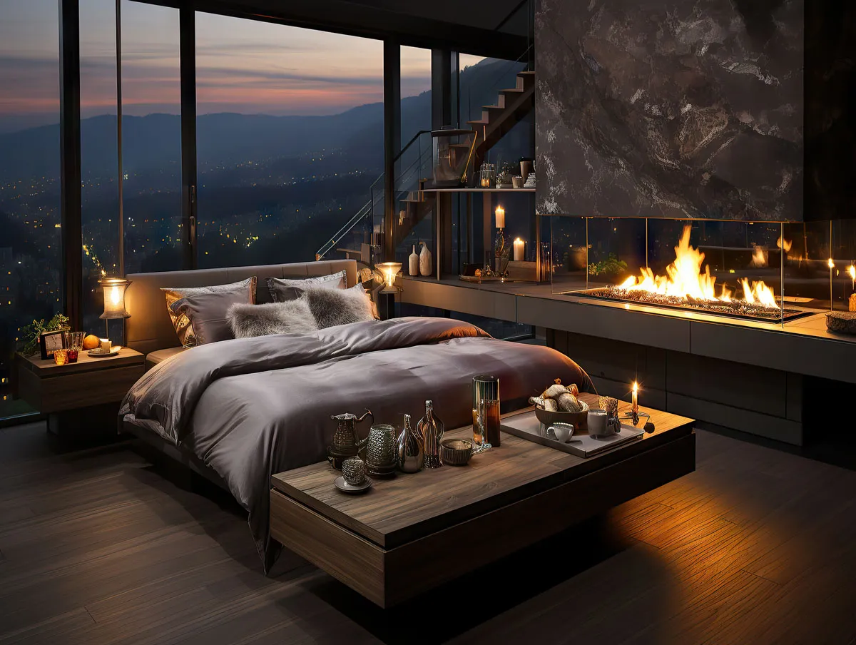 Illustration of a hotel bedroom overlooking a mountain landscape