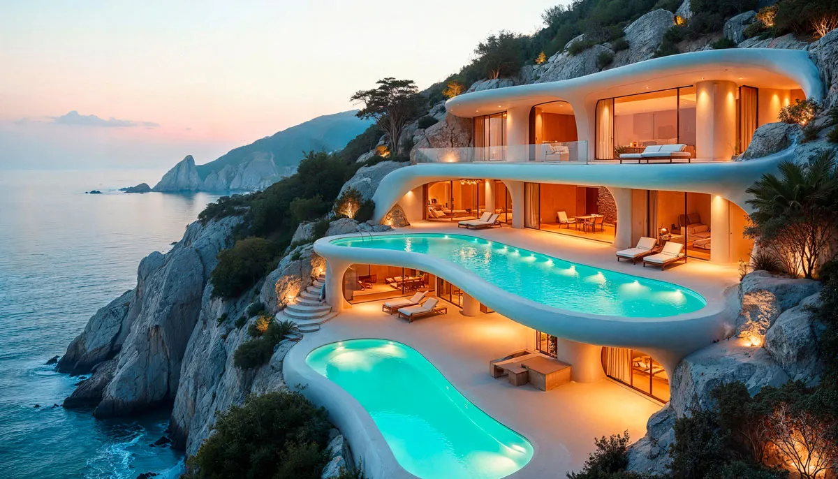 Illustration of a terraced coastal hotel with pools and balconies