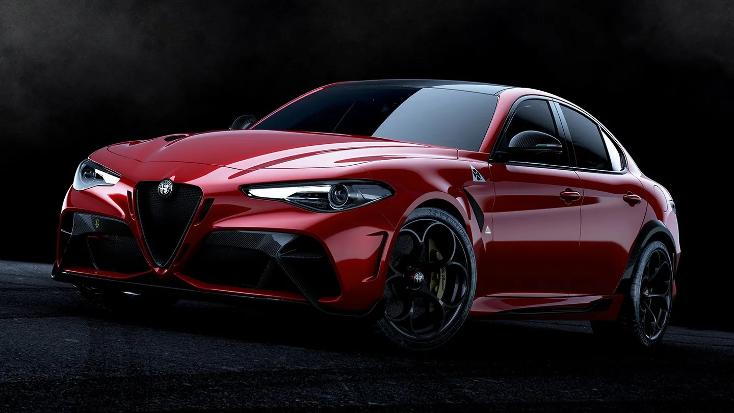 A red Alfa Romeo saloon