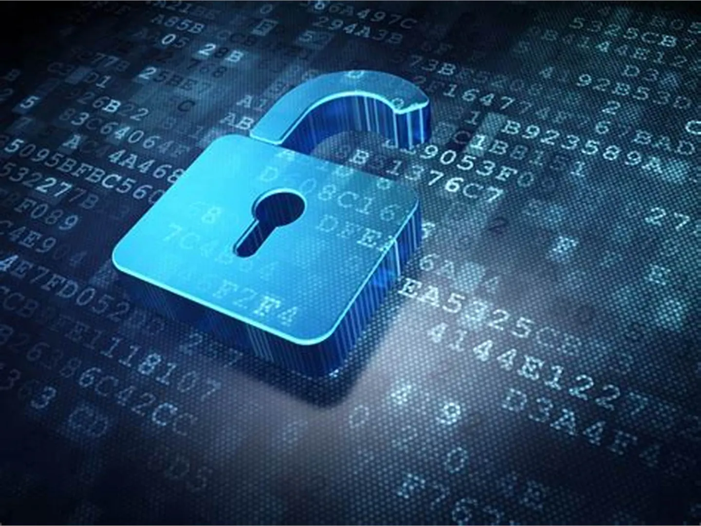 An open blue padlock above computer code