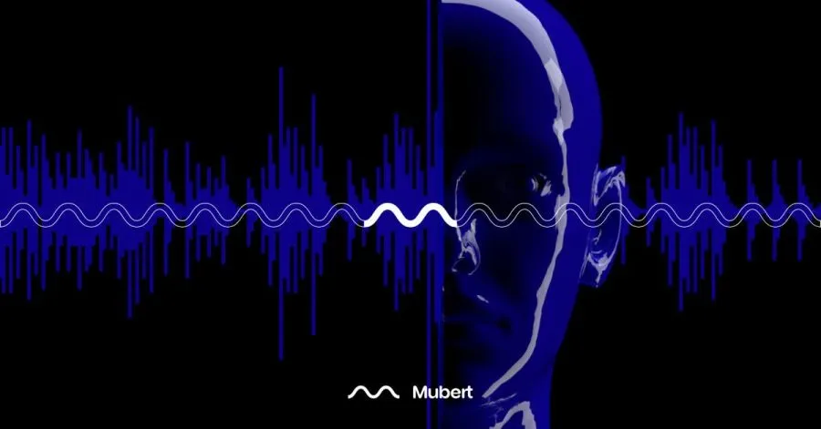 Mubert branding with headphones and an audio waveform