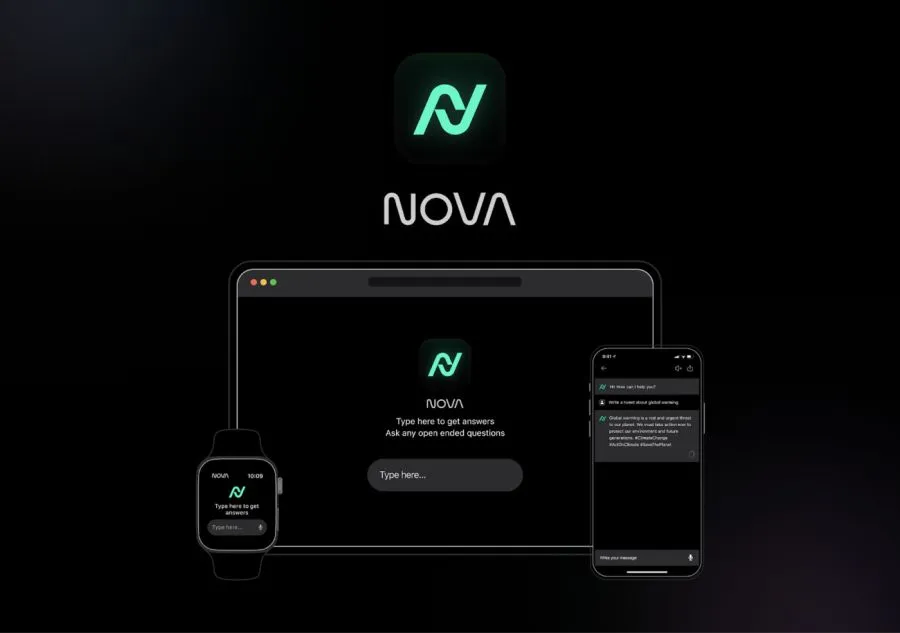 Nova branding above desktop and mobile chat interfaces