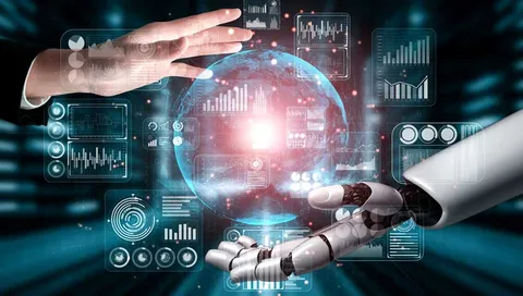 Human and robotic hands around an illuminated digital globe
