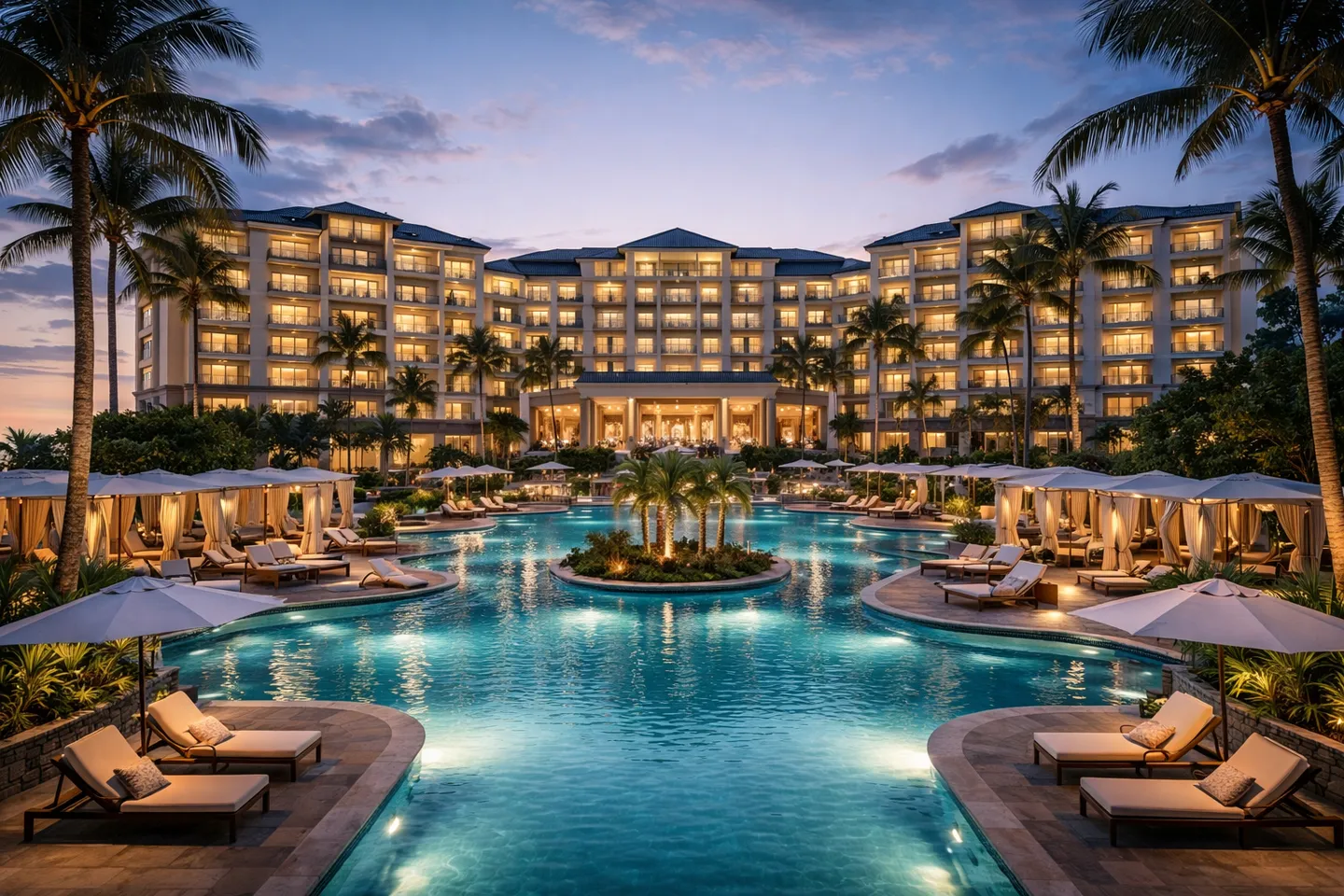 Illustration of a resort hotel and illuminated outdoor pool at dusk