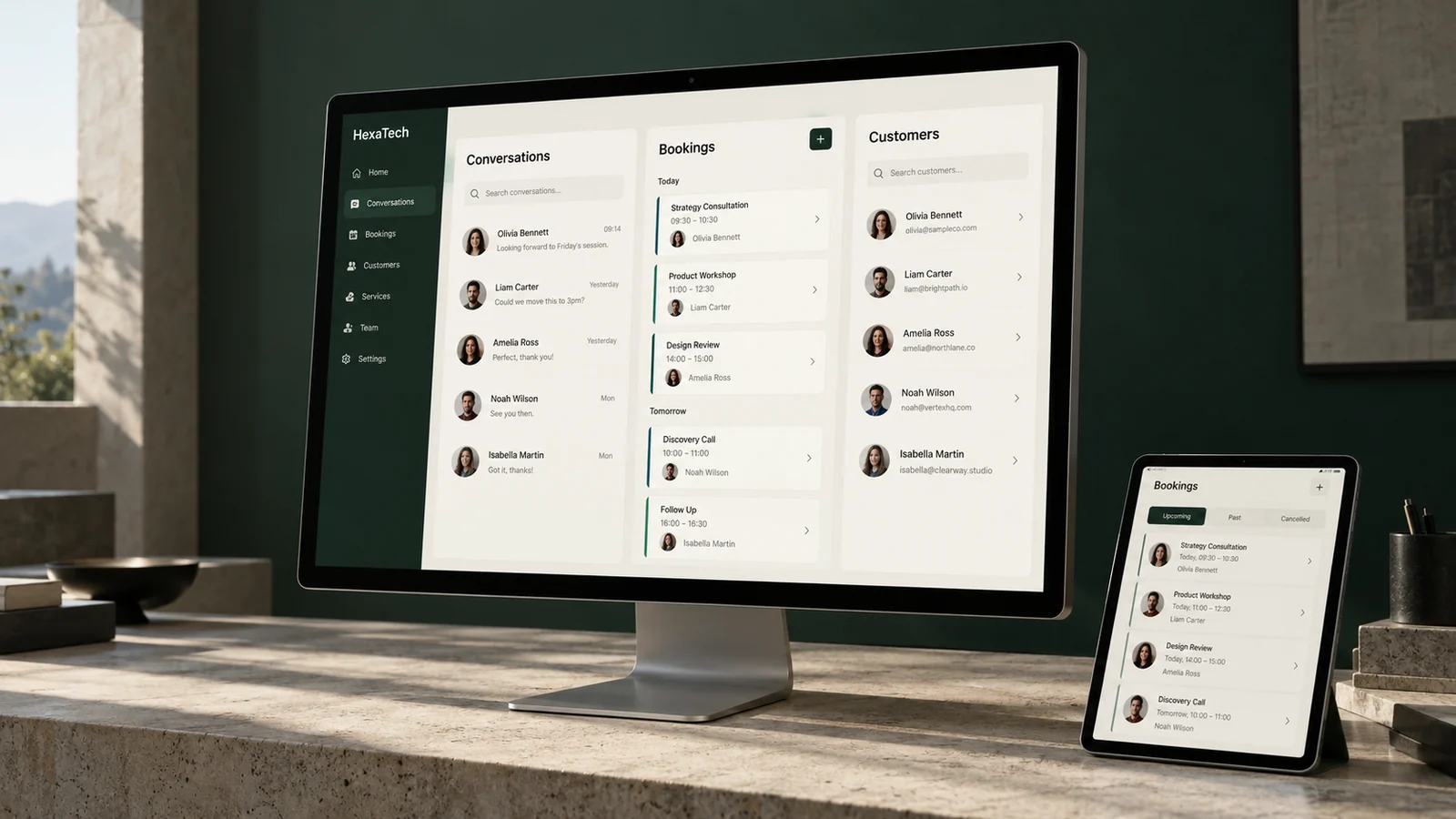 HexaTech software workspace on a titanium display in a quiet architectural setting
