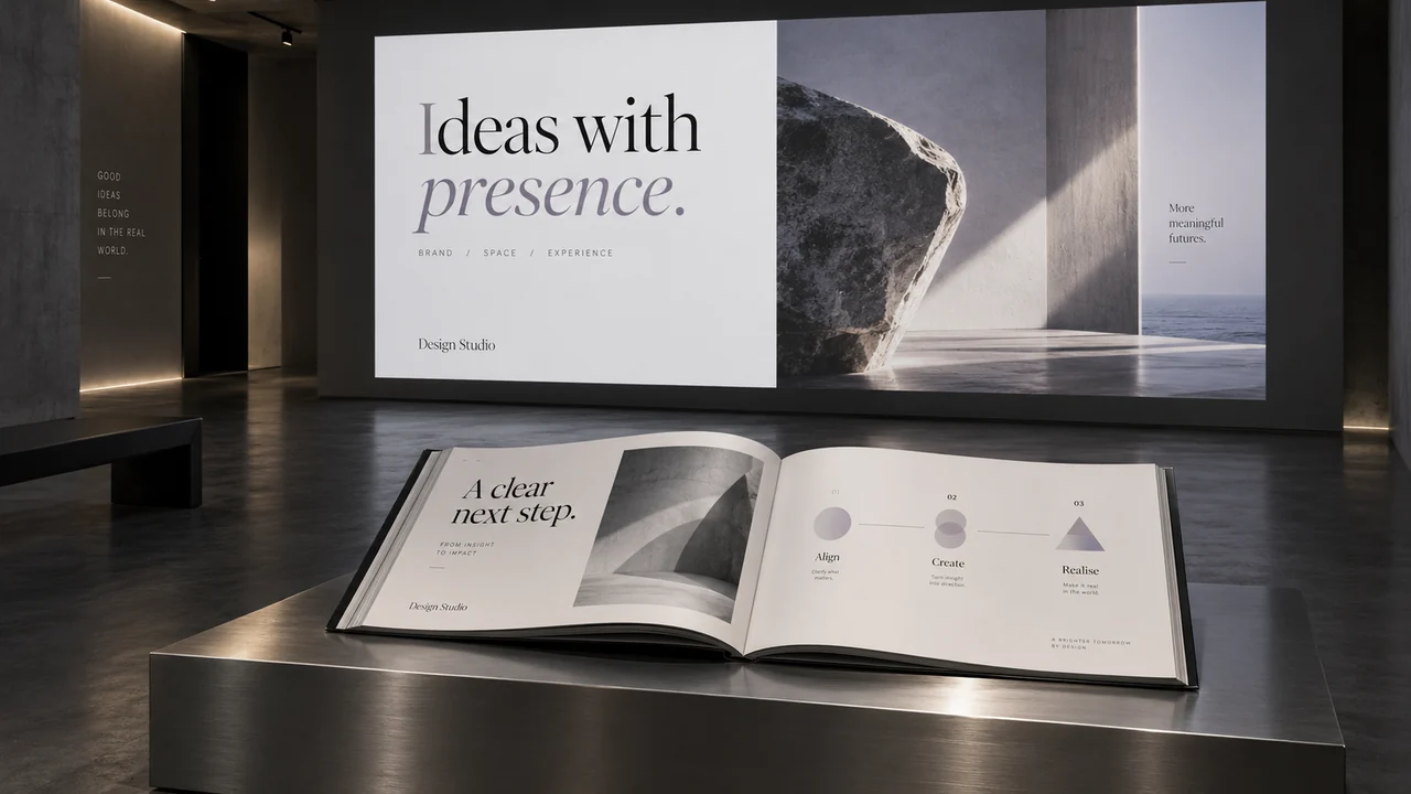 Presentation design study with an architectural image on a large screen and a matching printed document