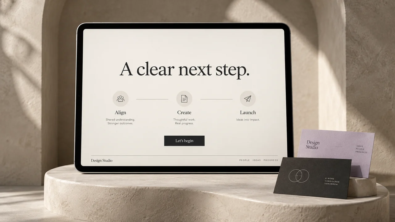 Presentation closing slide on a tablet, showing an Align, Create, Launch sequence