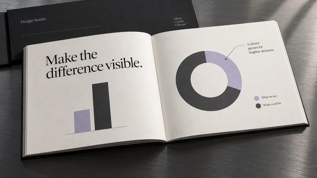 Editorial design study showing a comparison and circular diagram in a printed presentation